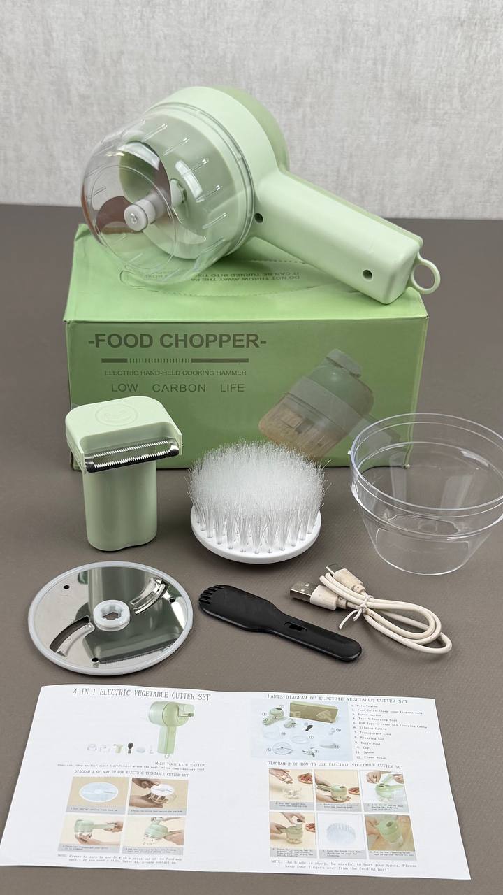خردکن شارژی ۴ کاره فود چاپر | اسلایسر، پوست‌کن و برس شستشو مدل Food Chopper